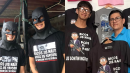 1. Batman Guayaco comercializó su camiseta con un montaje de sí mismo. 2. Carlos Morales junto a su empleado luciendo la camiseta de 'bicos jis nais'.