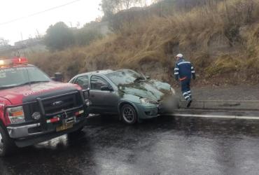 Los fuertes vientos tumbaron un árbol en la Panamericana Norte en Ambato que impactó a un auto, sin dejar heridos. Cortesía.