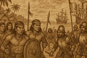 Ilustración de los constantes enfrentamientos que los pueblos originarios del Guayas tenían con los españoles.