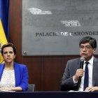  La ministra del Interior, María Paula Romo, y el canciller José Valencia en la comparecencia de prensa. 