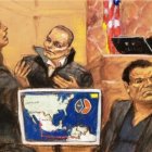 Retrato del juicio, El Chupeta en el estrado siendo interrogado mientras El Chapo escucha el testimonio. 