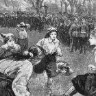  Ilustración del primer partido reconocido por FIFA. Ambos equipos usaban faldas como uniforme ante unas 11 mil personas aproximadamente. 