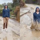 Hombre desaparece en un charco de barro.