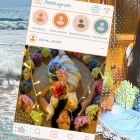 La actriz realiza el ritual rodeada de hortensias; al lado, recibe energías en el mar.