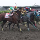 El caballo americano Kifak (i) sorprendió en el tramo final de la carrera y se llevó el trofeo entregado por Diario EXTRA.
