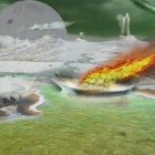 Recreación de la Tierra primitiva, hace unos 4.500 millones de años. Imagen: Lucas Chacón. Imagen cedida por el Consejo Superior de Investigaciones Científicas (CSIC).