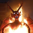 Fotografía de un diablo de papel y metal de cinco metros y 400 libras quemándose como un signo de protesta por el mal manejo de la pandemia de parte del presidente Alejandro Giammattei