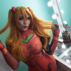 Karen muestra feliz el resultado de su transformación como Asuka, personaje del anime Evangelion.