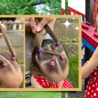 Si a tu niña le gusta el pelo suelto, lo ideal es que  no se le venga a la cara. 
Hazle dos moñitos en la parte frontal, los cruzas y medio pelo queda libre.