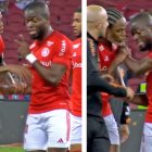 Enner Valecia (d) discutió con su compañero Luiz Adriano, tras el empate entre el Inter de Porto Alegre y Corinthians.