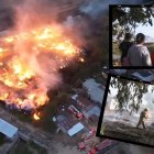 Laura Vera, Magdalena Quimí y Jenny Carranza observan cómo quedó la fábrica de madera consumida por el fuego.