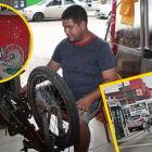 Javier Coveña adaptó el pedal de su bicicleta para hacer girar el horno de su asadero.