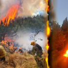 Bomberos de tres cantones de Cotopaxi apoyan EN las labores de aplacar el incendio forestal en las faldas del volcán.