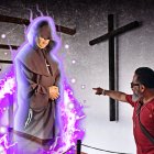 Florentino señala el sitio donde apareció el espectro de un sacerdote franciscano.