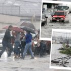 En el kilómetro 8 de la vía a Daule, las personas que transitaban por este sector llevaban sus sombrillas. La lluvia torrencial azotó intensamente esta zona durante la mañana de ayer.