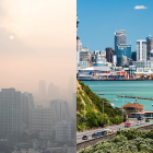A la izquierda, una capital con altos niveles de smog. A la derecha una ciudad con niveles saludables de contaminación. Reflejando las disparidades globales en la calidad del aire.