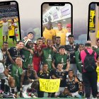 Francisco Zapata en el festejo en el Neo Química de Sao Paulo con la frase La Gloria es de Dios.