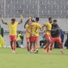 Aucas y el festejo del doblete de Brian Montenegro ante Mushuc Runa.