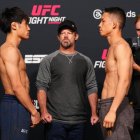 Tatsuro Taira y HyunSung Park en el momento del careo previo a la pelea de UFC.