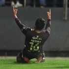Jeison Medina de Liga de Quito celebra un gol en un partido de cuartos de final de la Copa Libertadores ante Sao Paulo.
