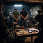 Recreación de un allanamiento nocturno en un inmueble donde se incautaron motocicletas, celulares y dinero vinculados a una presunta red de extorsión.