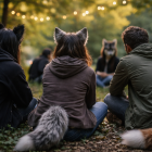 Recreación: jóvenes reunidos al aire libre, de espaldas, comparten un momento de convivencia mientras expresan su identidad con accesorios inspirados en animales.