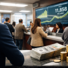 Recreación fotográfica: clientes realizan operaciones en una entidad financiera, en una jornada de atención regular.