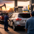 Conductores cargan combustible en una estación de servicio mientras el alza del petróleo presiona los mercados energéticos.