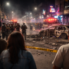 Recreación: escena nocturna tras una explosión en una zona urbana, con daños materiales y presencia de curiosos a distancia.