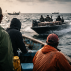 Recreación con inteligencia artificial de pescadores artesanales en altamar frente a riesgos del crimen organizado.
