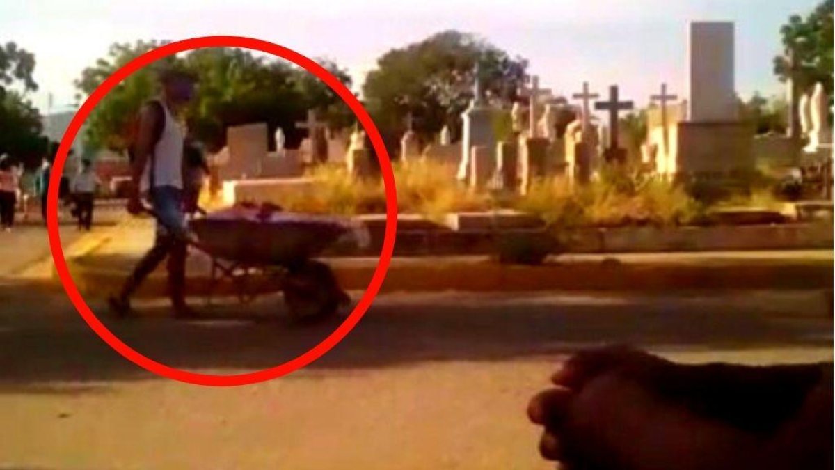 Una parte del video donde se ve a una carretilla con muerto.