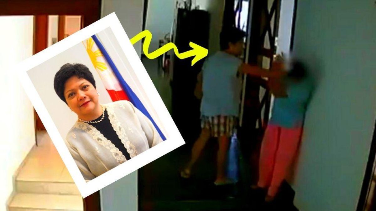 Una foto oficial de la embajadora de Filipinas en Brasil y una escena del video que avala la agresión a su empleada.