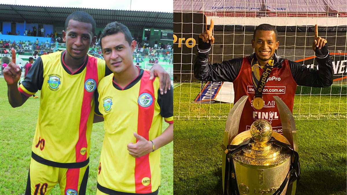 Nixon Molina una historia única en el fútbol ecuatoriano. A la izquierda cuando jugaba en el 5 de Agosto de Esmeraldas y a la derecha con el trofeo de campeón con Barcelona. 