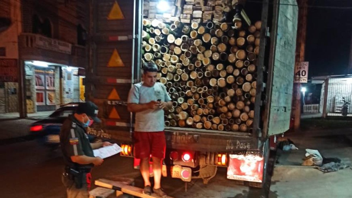 Instantes en los que un uniformado analizaba las guías de transporte de la madera, que no correspondían al cargamento que se iba a dejar en un depósito del suburbio guayaquileño.