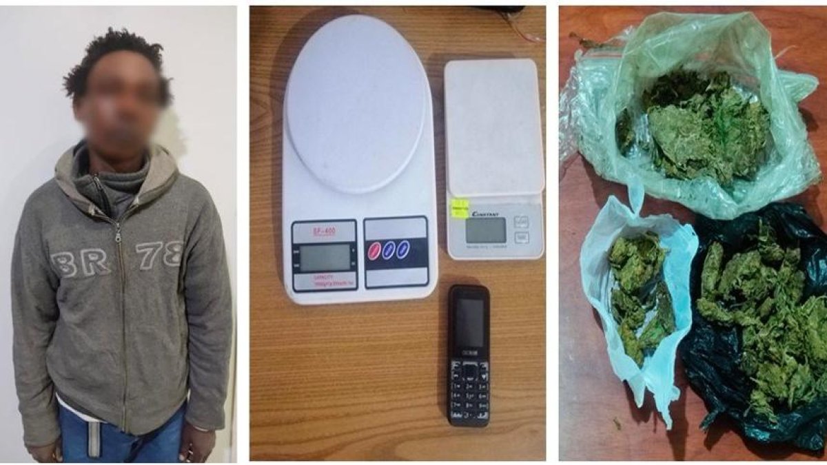 Uno de los sujetos detenidos y las evidencias encontradas en el domicilio.