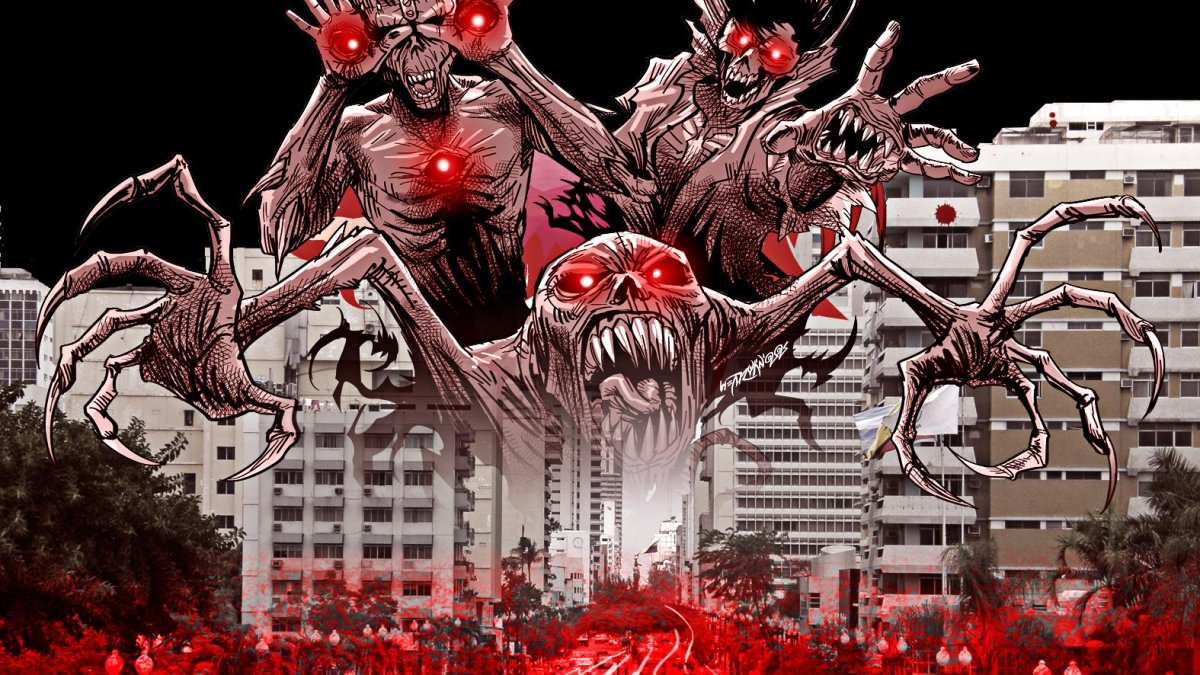 Interpretación de la visión que tuvo el profeta al llegar a Guayaquil: demonios sobrevuelan las calles sangrientas del Puerto Principal.