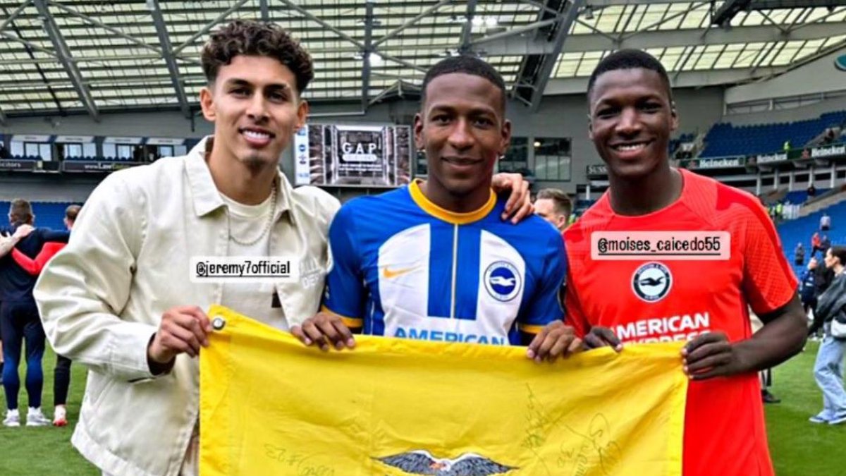 El orgullo ecuatoriano del Brighton de Inglaterra, Jeremy Sarmiento (i), Pervis Estupiñán y Moisés Caicedo.