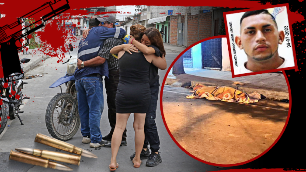 El cádaver de Ángel Jiménez quedó cerca de la motocicleta que conducía. Familiares del duraneño lloran su trágico deceso, mientras que su tío limpia el lugar donde fue asesinado.