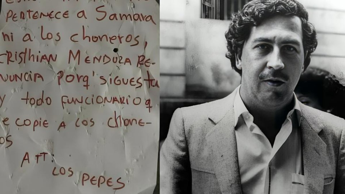 Montaje gráfico de la carta de Los Pepes en Ecuador y el capo colombiano Pablo Escobar