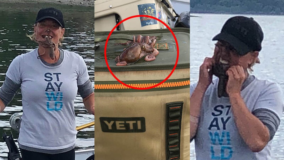 Jamie en su intento por sacarse una buena foto con el pulpo terminó con el rostro paralizado.