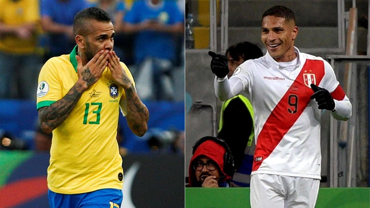 Edición futbolistas de Perú y Brasil. Los equipos se enfrentan en el estadio Maracaná por la final de la Copa América. .