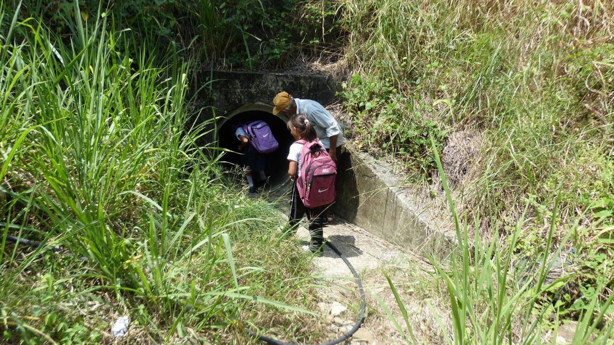 Los niños que van a la escuela cruzan el túnel y recorren aproximadamente 50 metros.