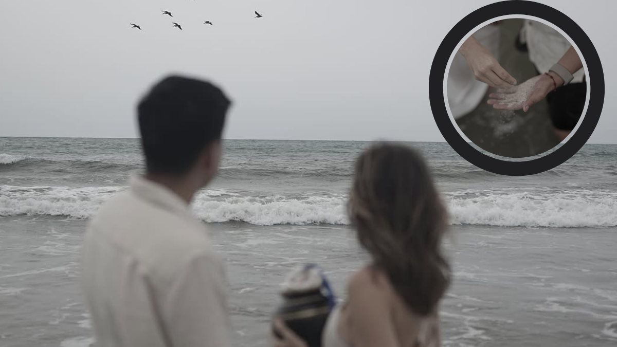 Karime Borja y Matthew Lapo esparciendo las cenizas de su hijo Mateito.