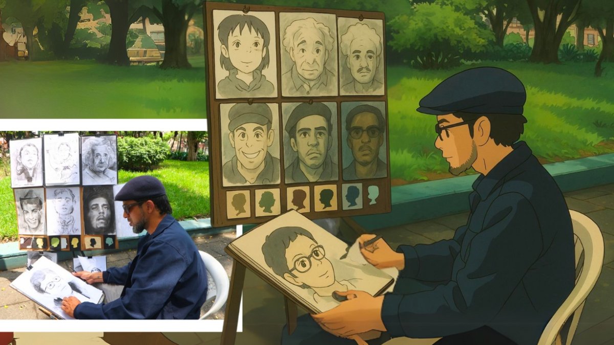 Usando la inteligencia    artificial de Studio Ghibli, el artista Iván Cruz en el parque Centenario de Guayaquil.