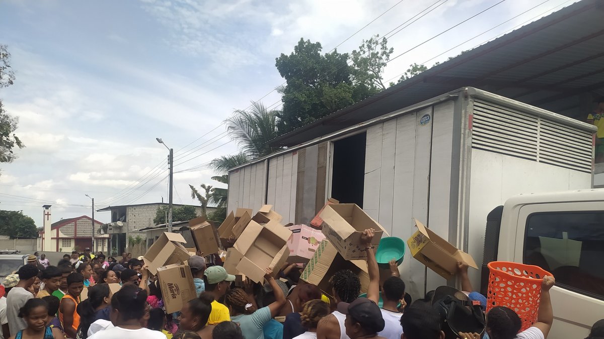 Decenas de personas con cartones intentan recibir los pollitos que fueron repartidos la mañana de este viernes en la parroquia San Mateo.