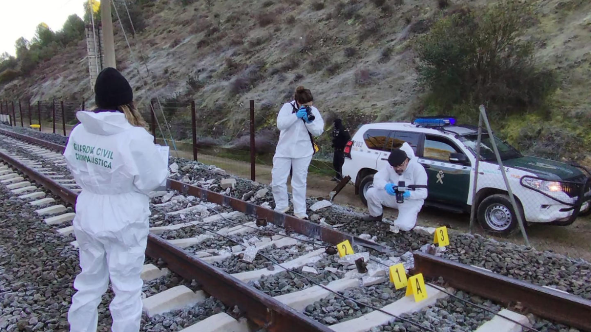 pertos de la Guardia Civil analizan las vías tras el accidente ferroviario registrado ayer en Adamuz