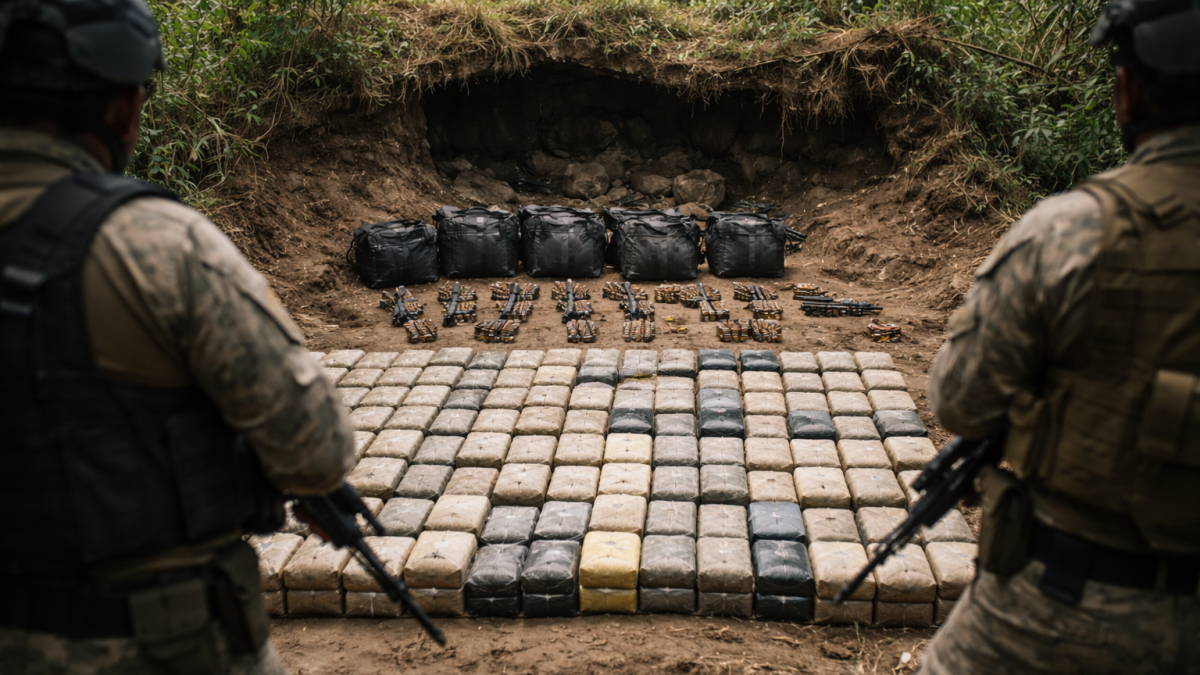 Recreación de un cargamento de droga y armas oculto en una caleta en zona selvática.