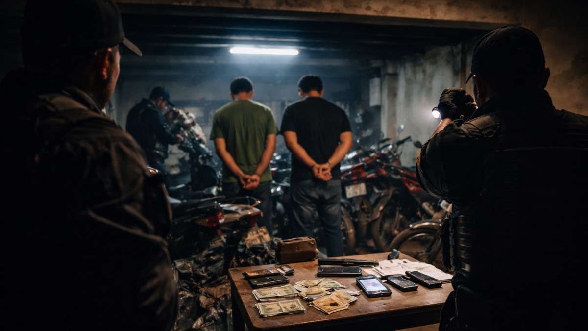 Recreación de un allanamiento nocturno en un inmueble donde se incautaron motocicletas, celulares y dinero vinculados a una presunta red de extorsión.