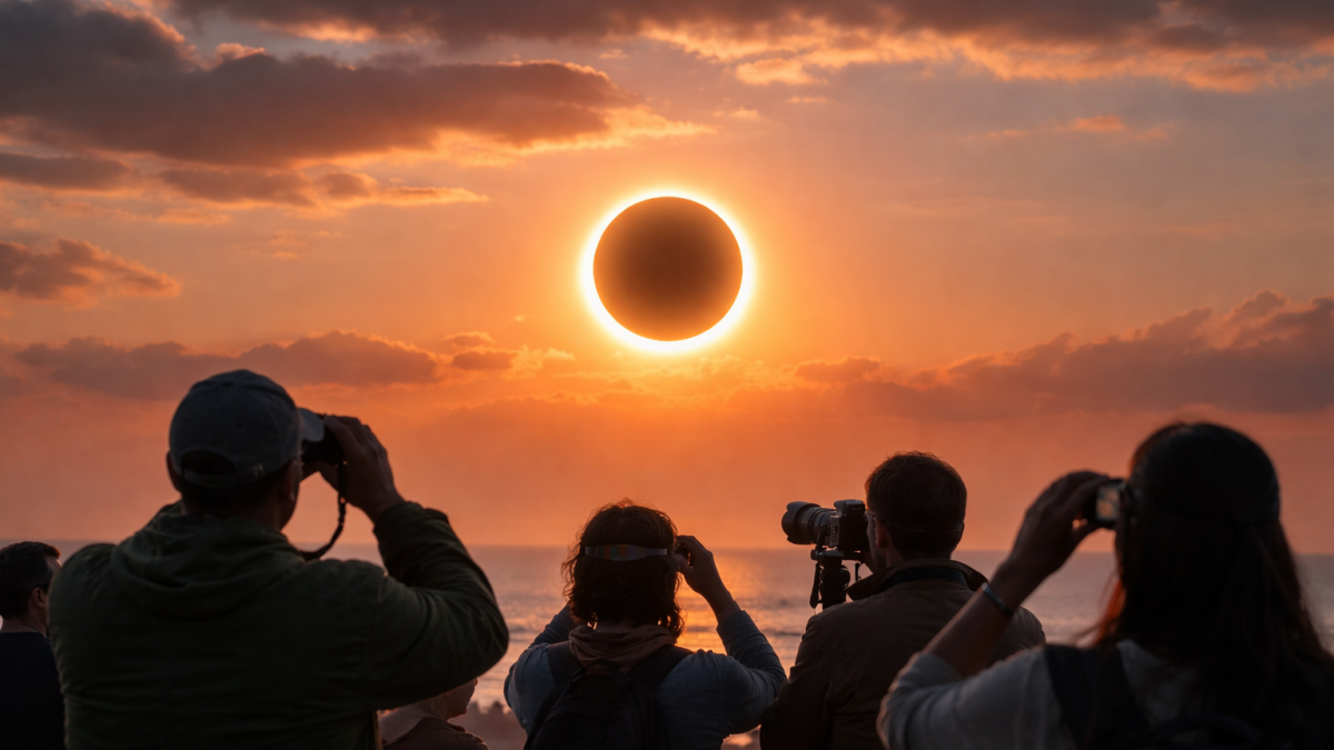 Recreación visual del eclipse solar anular, con observadores de espaldas siguiendo el “anillo de fuego” al atardecer.