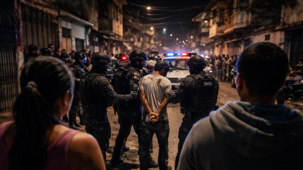 Escena recreada de un operativo nocturno en un barrio urbano, como representación del clima de inseguridad.